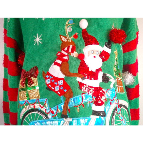 United States Holiday Sweaters Women's Large Santa Rudolf Riding Bike - Picture 2 of 7